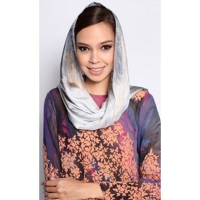 Hand Blocked Batik Long Scarf in Grey and Peach