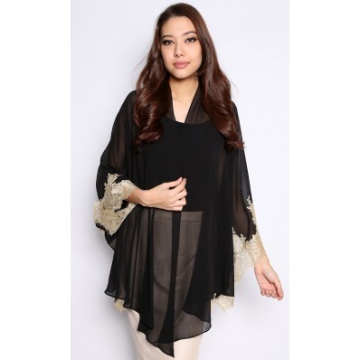Kimono Kebaya Top with Lace in Black and Gold