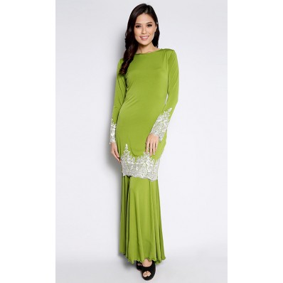 Bold Kurung with White Lace in Lime Green