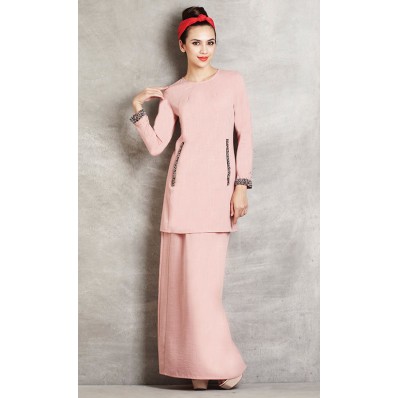 Soft Linen Baju Kurung with Beaded Trim in Pink