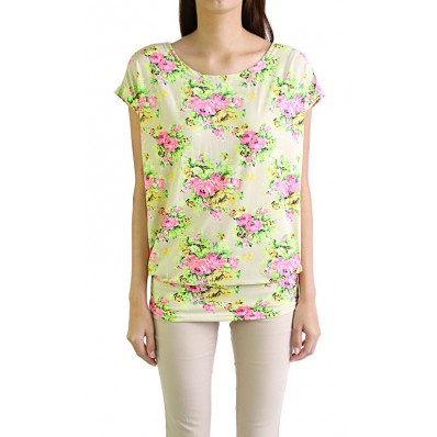 Jersey Floral Neon Tunic Top in Beige