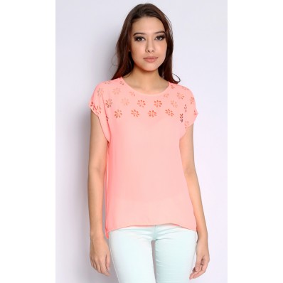 Eliza Laser Cut Blouse in Neon Pink