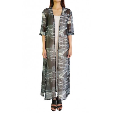 Maya Long Floral Print Cardigan in Grey 