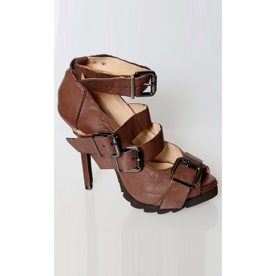 Criss Cross Buckled Platform Heels in Brown