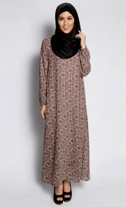 Damask Printed Maxi Dress in Brown and Navy
