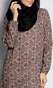 Damask Printed Maxi Dress in Brown and Navy
