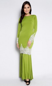 Bold Kurung with White Lace in Lime Green
