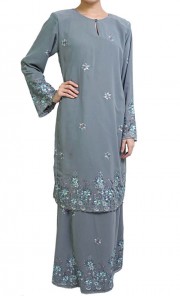 Embroidered Kurung in Grey 