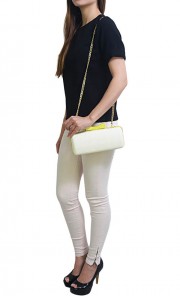 Kowloon Bow Snakeskin Minaudiere in White and Neon Green