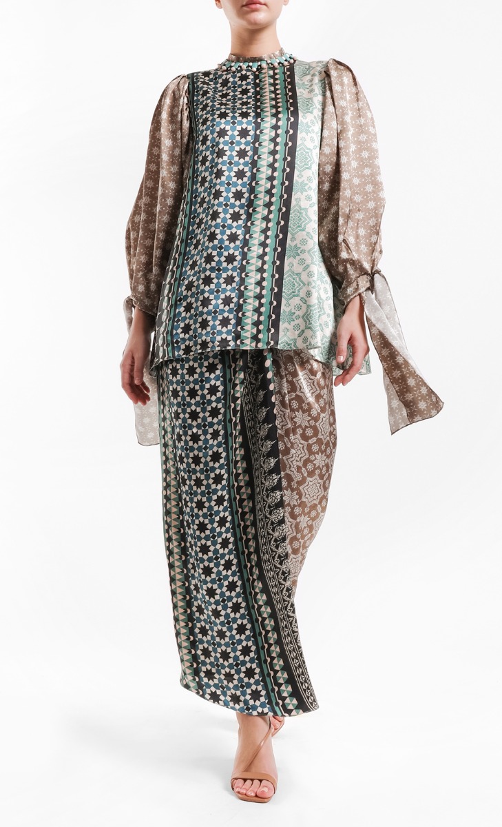 Patchwork Satin Print Blouse in Green