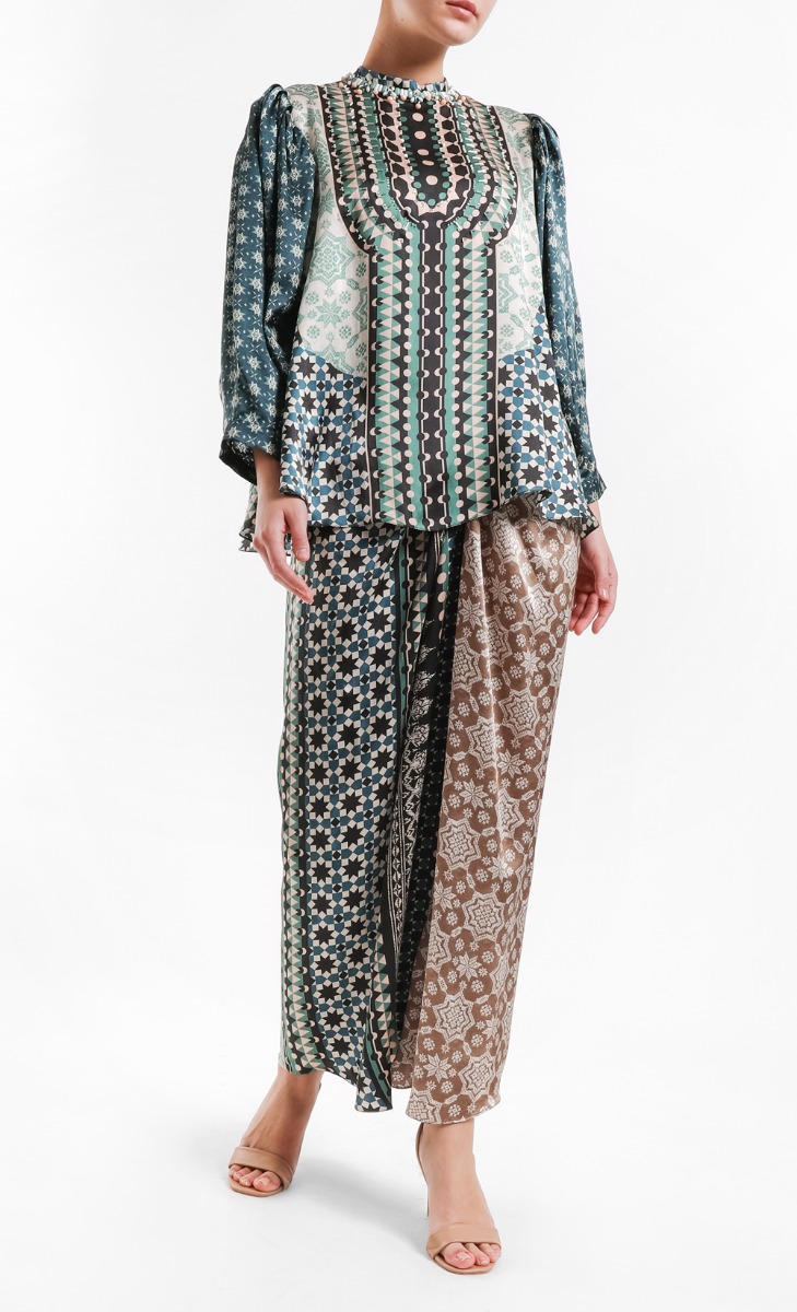 Satin Print Blouse in Green