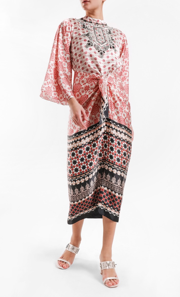 2 Piece Sarong Satin Print Dress in Pink