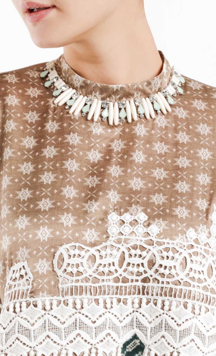 Satin Print Mix Lace Blouse in Green image 2