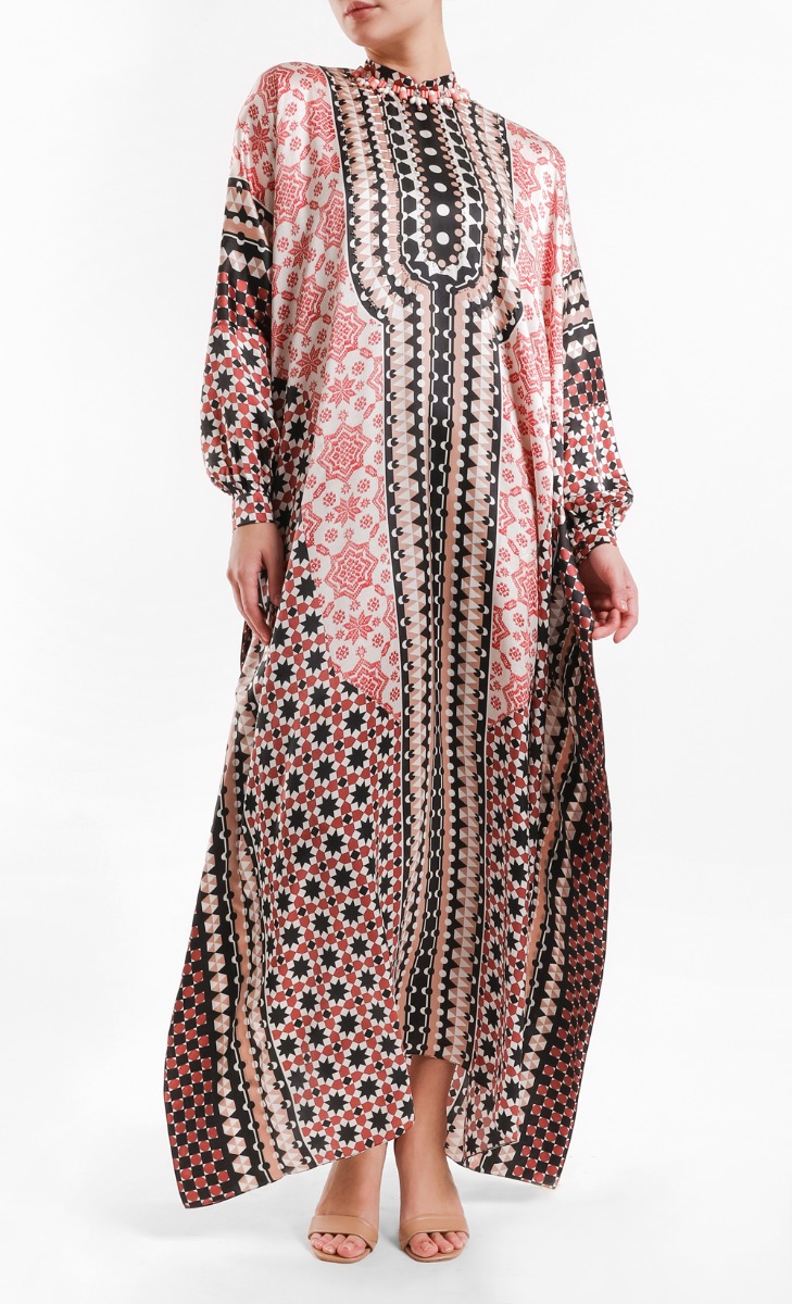 Satin Print Kaftan	in Pink