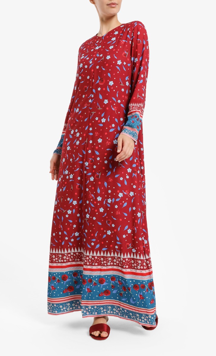 Zanna Zip-Front Maxi Dress in Maroon Print