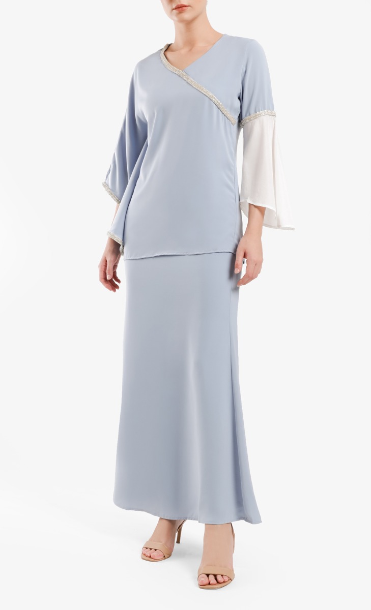 Melur Beaded Lace Kurung In Powder Baby Blue