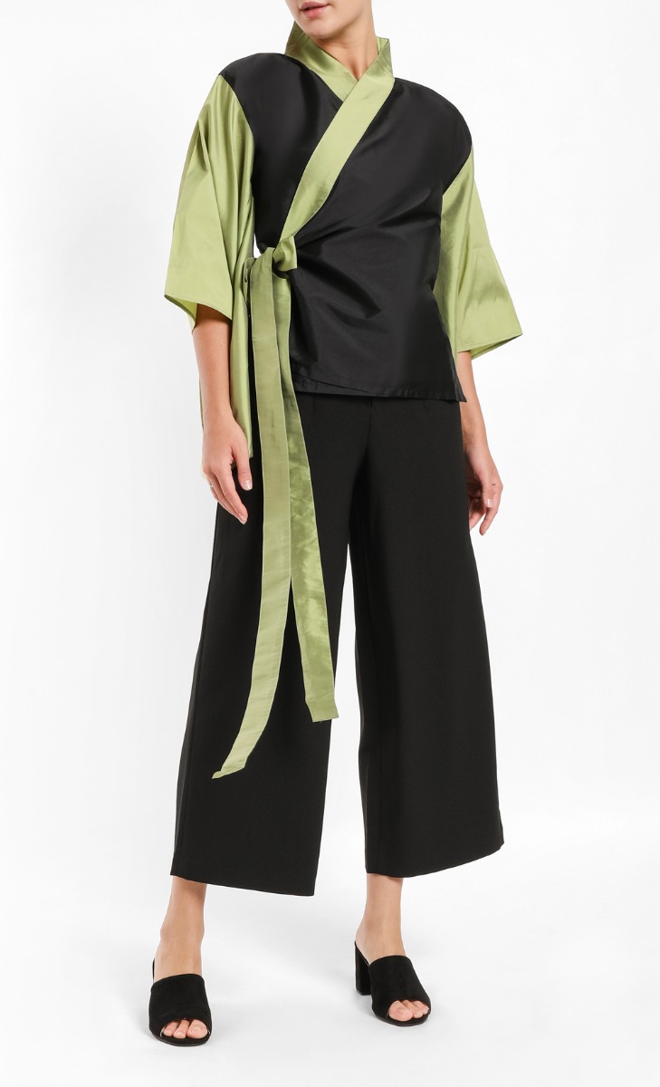 Silk Taffeta Kimono Blouse in Black and Avocado