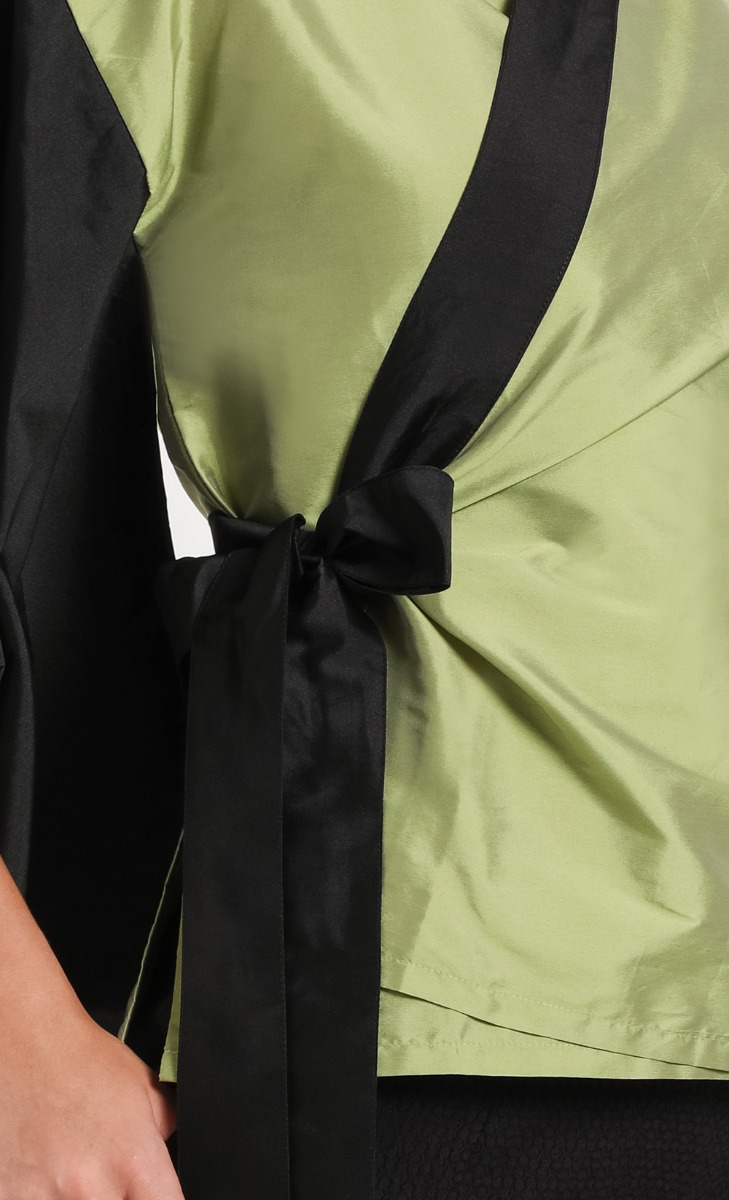 Silk Taffeta Kimono Blouse	in Avocado and Black image 2