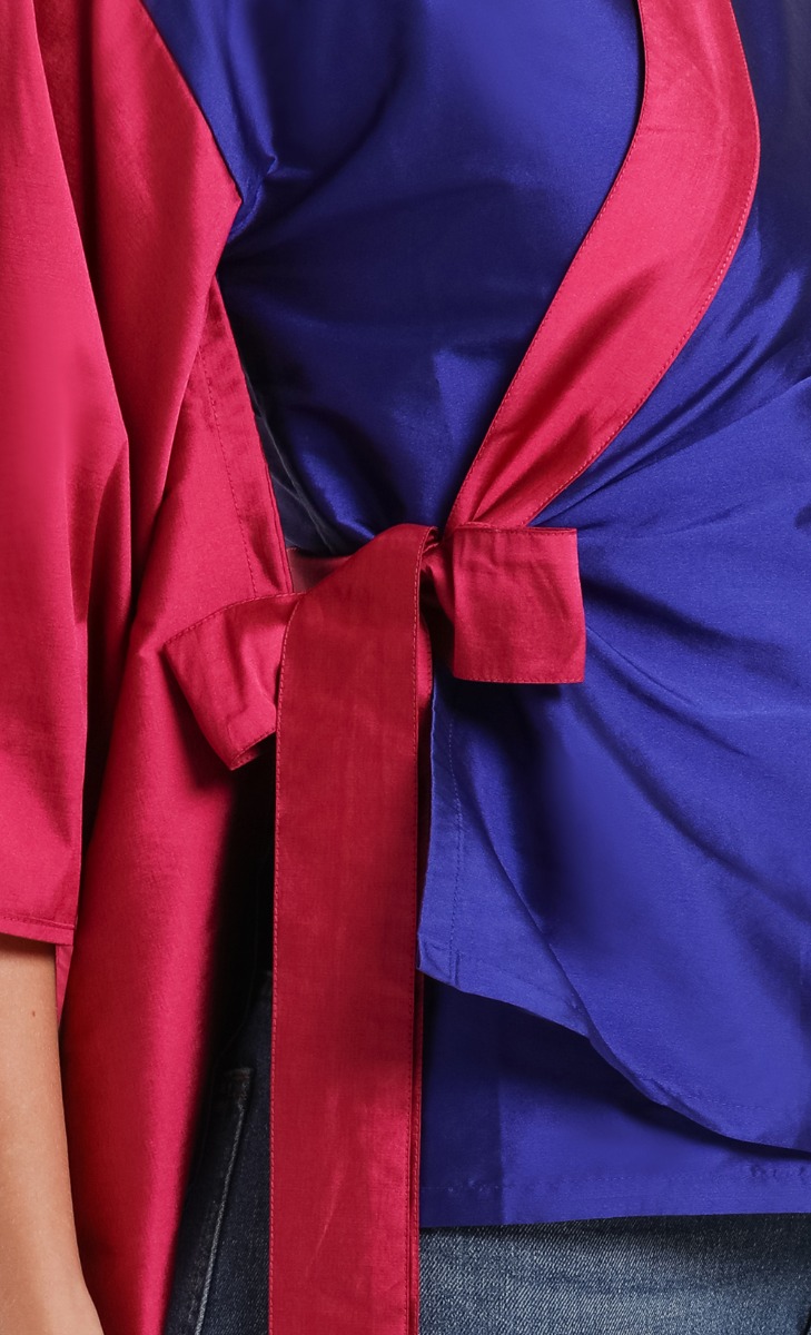 Silk Taffeta Kimono Blouse	in Blue and Fuchsia image 2