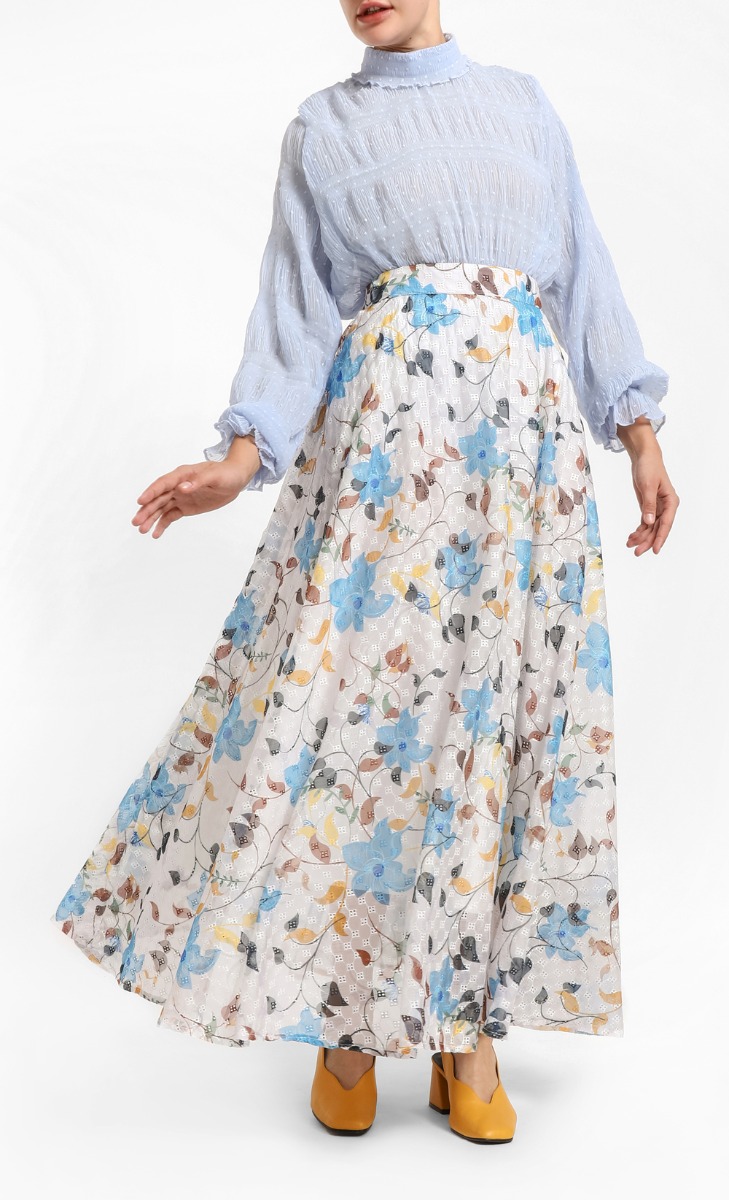 Claire Eyelet Embroidery Skirt in Blue and White