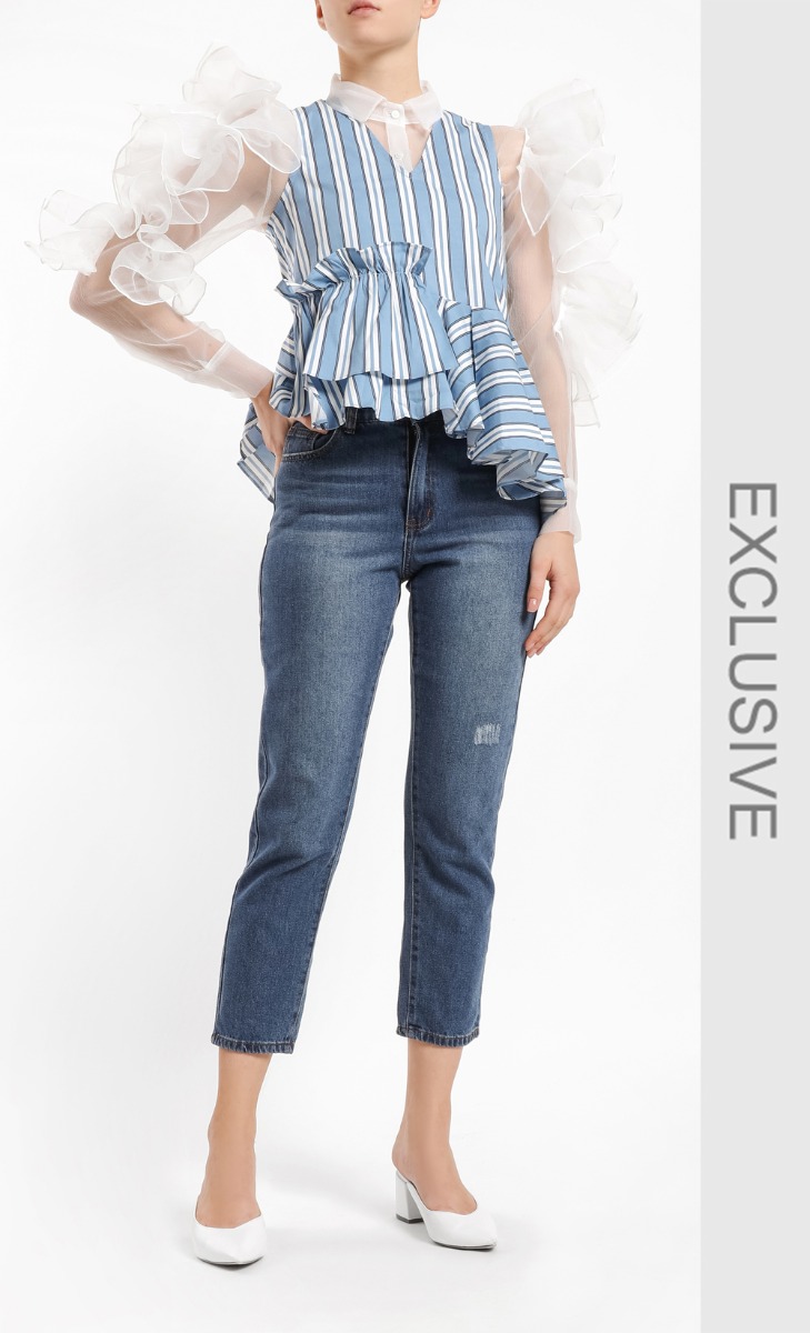 Wide Stripe Asymmetrical Top in Light Blue