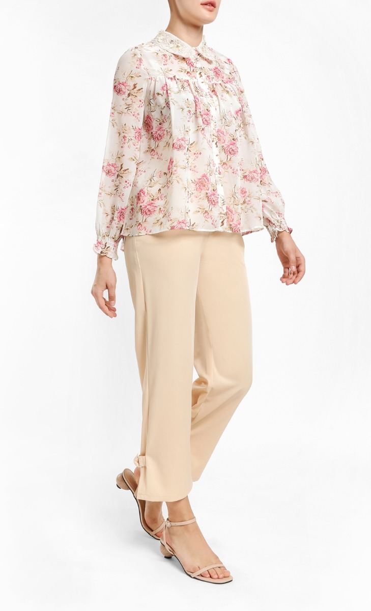 Brielle Blouse with Beaded Lace Collar in Beige