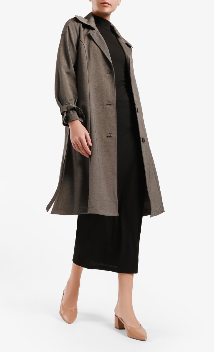Long Trench Grid Jacket in Dark Brown