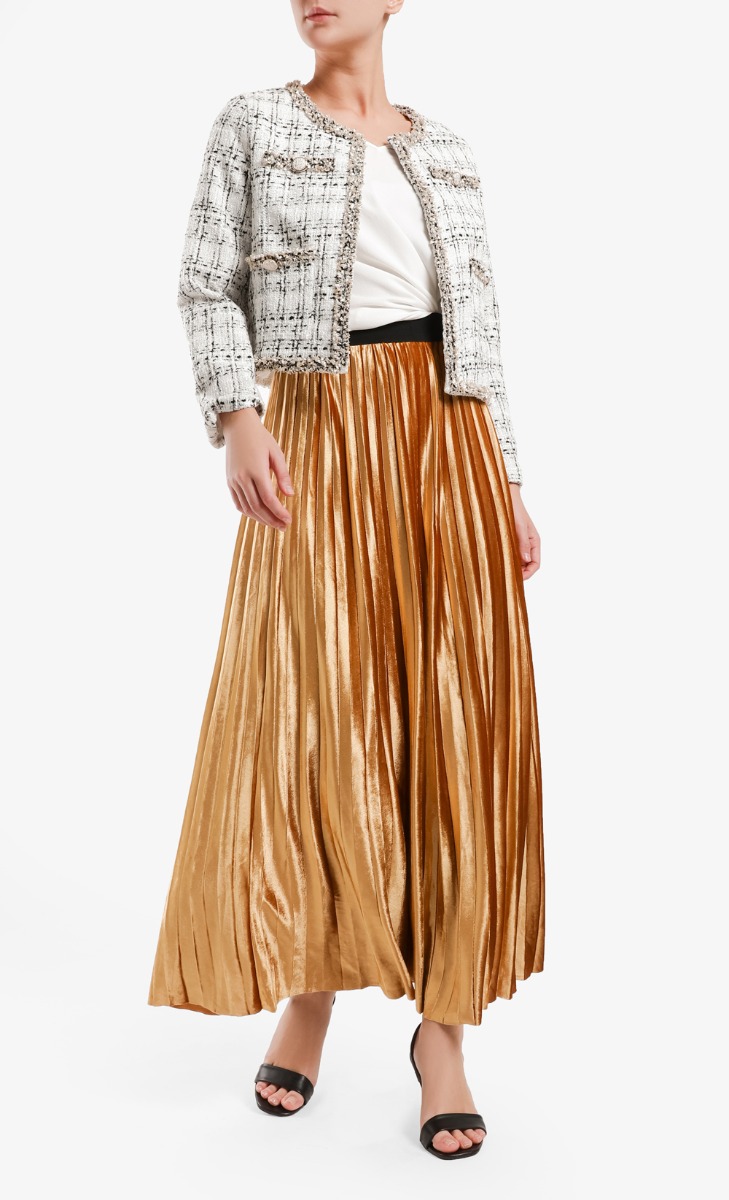 Velvet Pleated Skirt in Gold