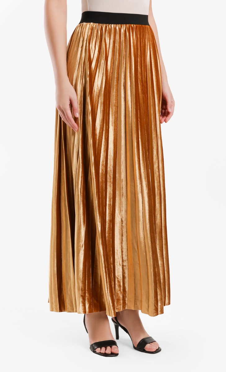 Velvet Pleated Skirt in Gold image 2
