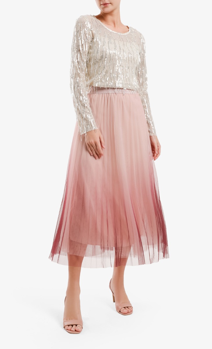 Ombre Pleated Skirt in Maroon Cream