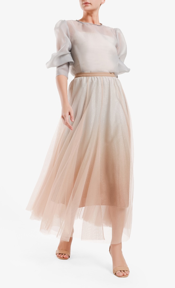 Ombre Glitter Tulle Panel Skirt in Silver Nude