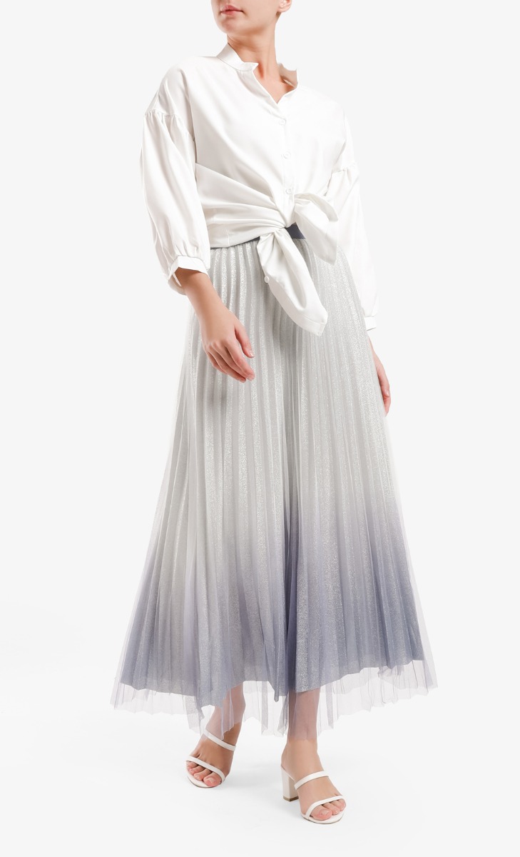 Ombre Glitter Pleated Skirt in Silver Blue