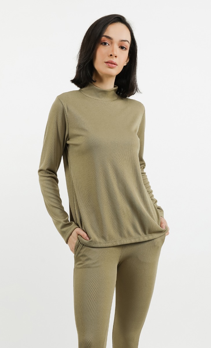 Ribbed Turtleneck Top in Dusty Olive