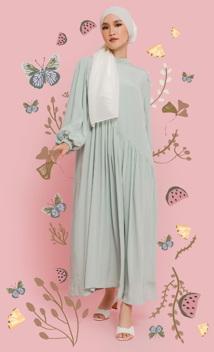 Textured Gathered Dress in Sage