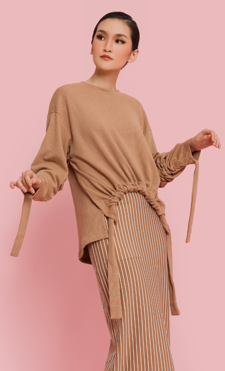 Gathered Asymmetrical Jumper in Brown image 2