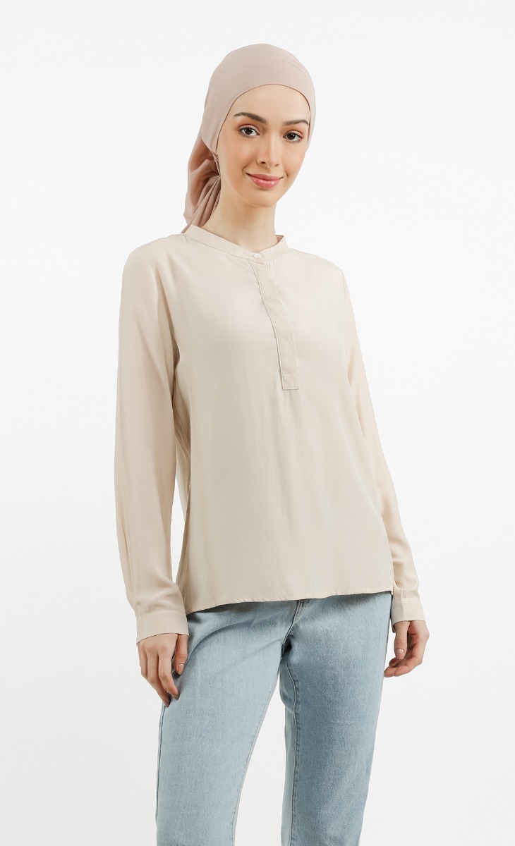 Stand Collar Long Sleeve Blouse in Nude