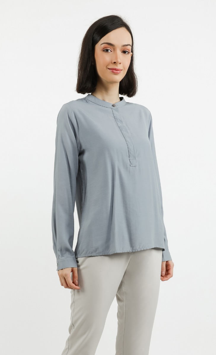 Stand Collar Long Sleeve Blouse in Dusty Blue