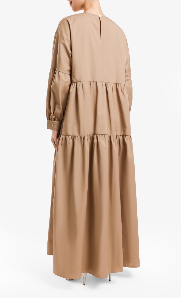 Tiered Cotton Dress in Brown | FashionValet