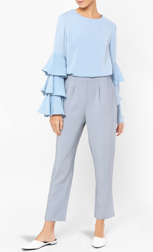 Miranda Tiered Ruffle Sleeve Blouse in Blissful Blue