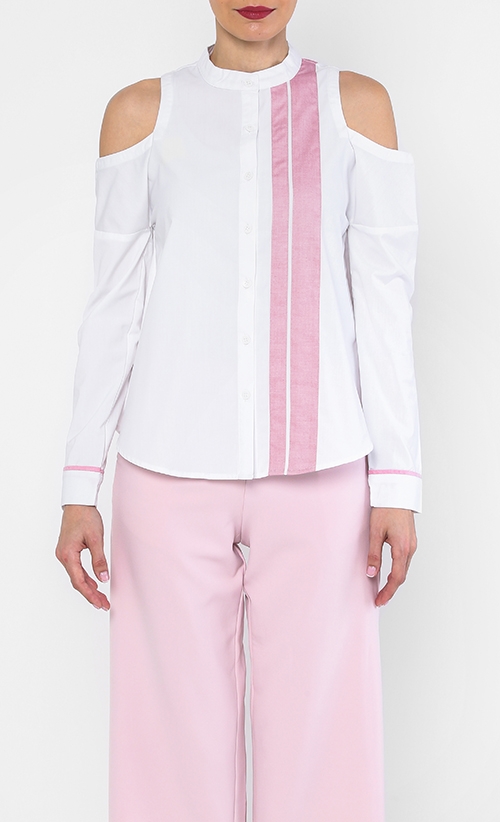 Jenner Cut Out Shoulder Shirt In White with Rouge Pink Stripes image 2