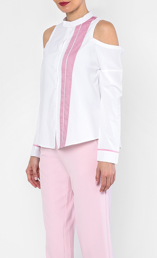 Jenner Cut Out Shoulder Shirt In White with Rouge Pink Stripes