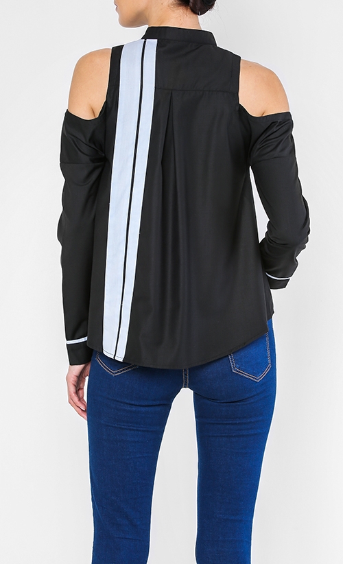 Jenner Cut Out Shoulder Shirt In Black with Blue Stripes image 2