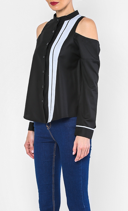 Jenner Cut Out Shoulder Shirt In Black with Blue Stripes