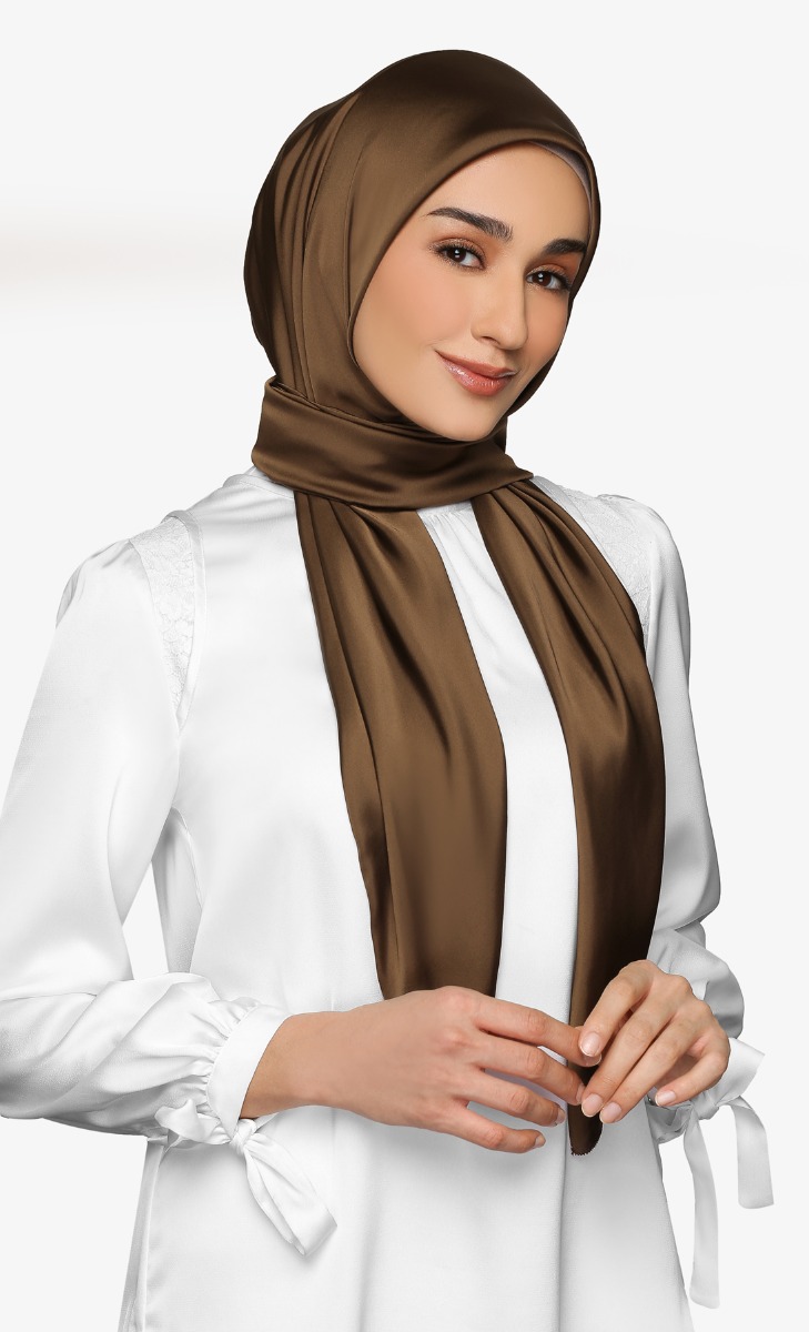 Satin Silk Square Scarf with nanotechnology in Jamocha