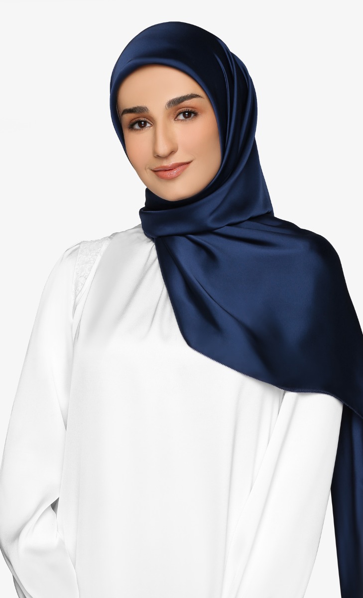 Satin Silk Square Scarf with nanotechnology in Sailorblue
