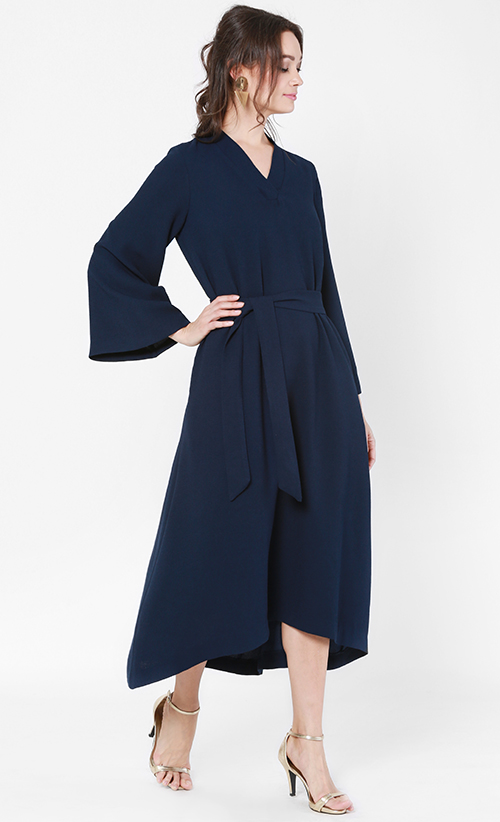 Kira Flowy Dress with Sash in Blue | FashionValet
