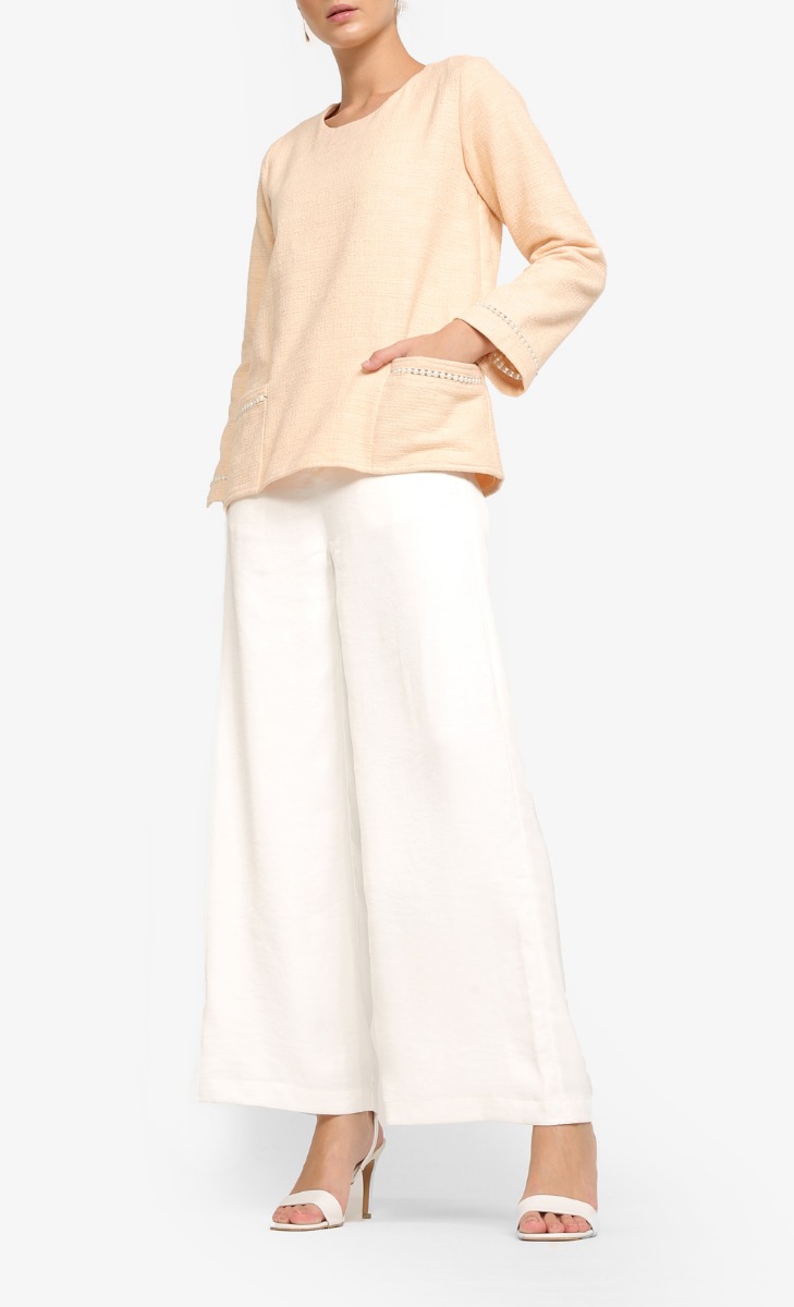 Gemma Tweed Top With Trimmings In Peach