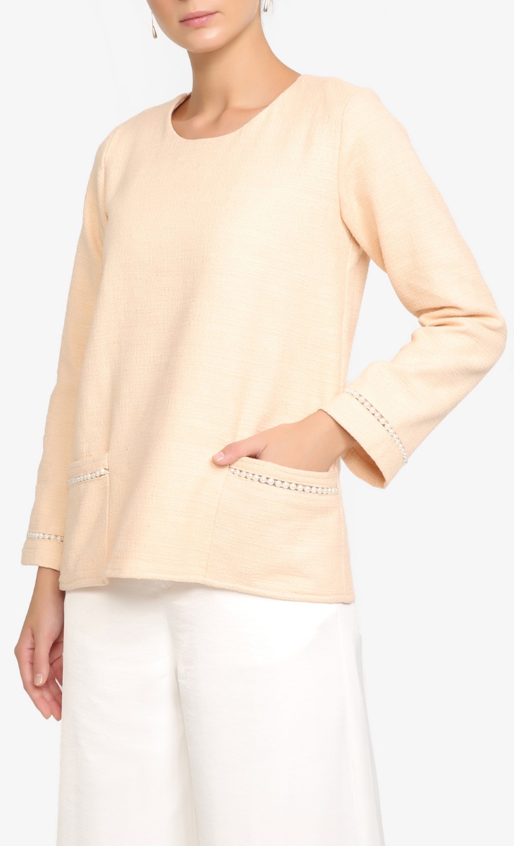 Gemma Tweed Top With Trimmings In Peach image 2