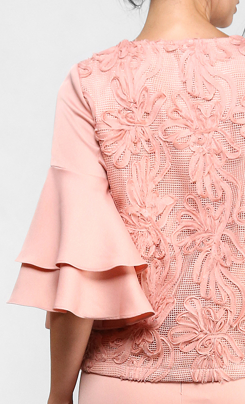 The Lace Kedah Kurung with Tiered Sleeves in Coral | FashionValet