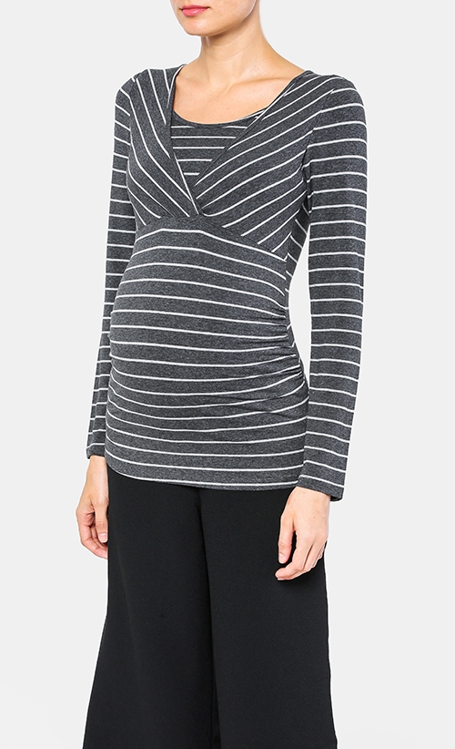 Long Sleeved Nursing Wrap Top in Grey image 2